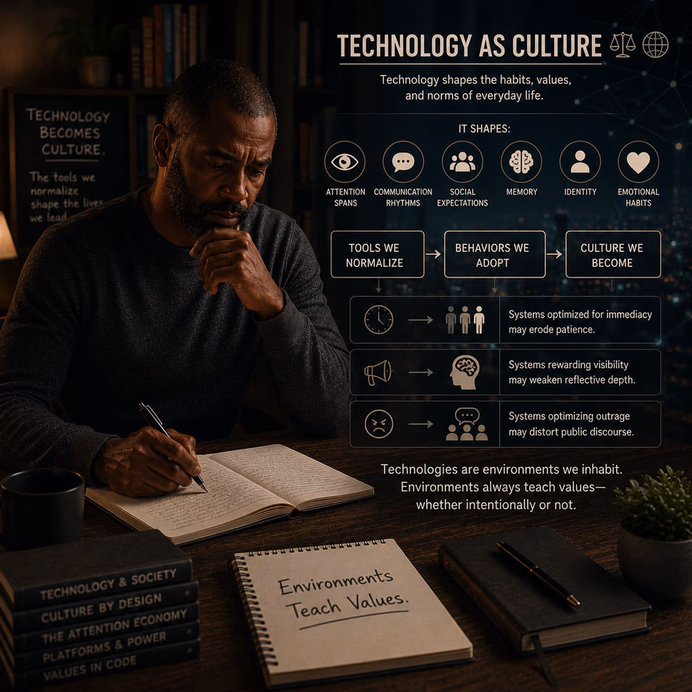 Black thinker reflects on how technology shapes culture, attention, identity, and social behavior through design.