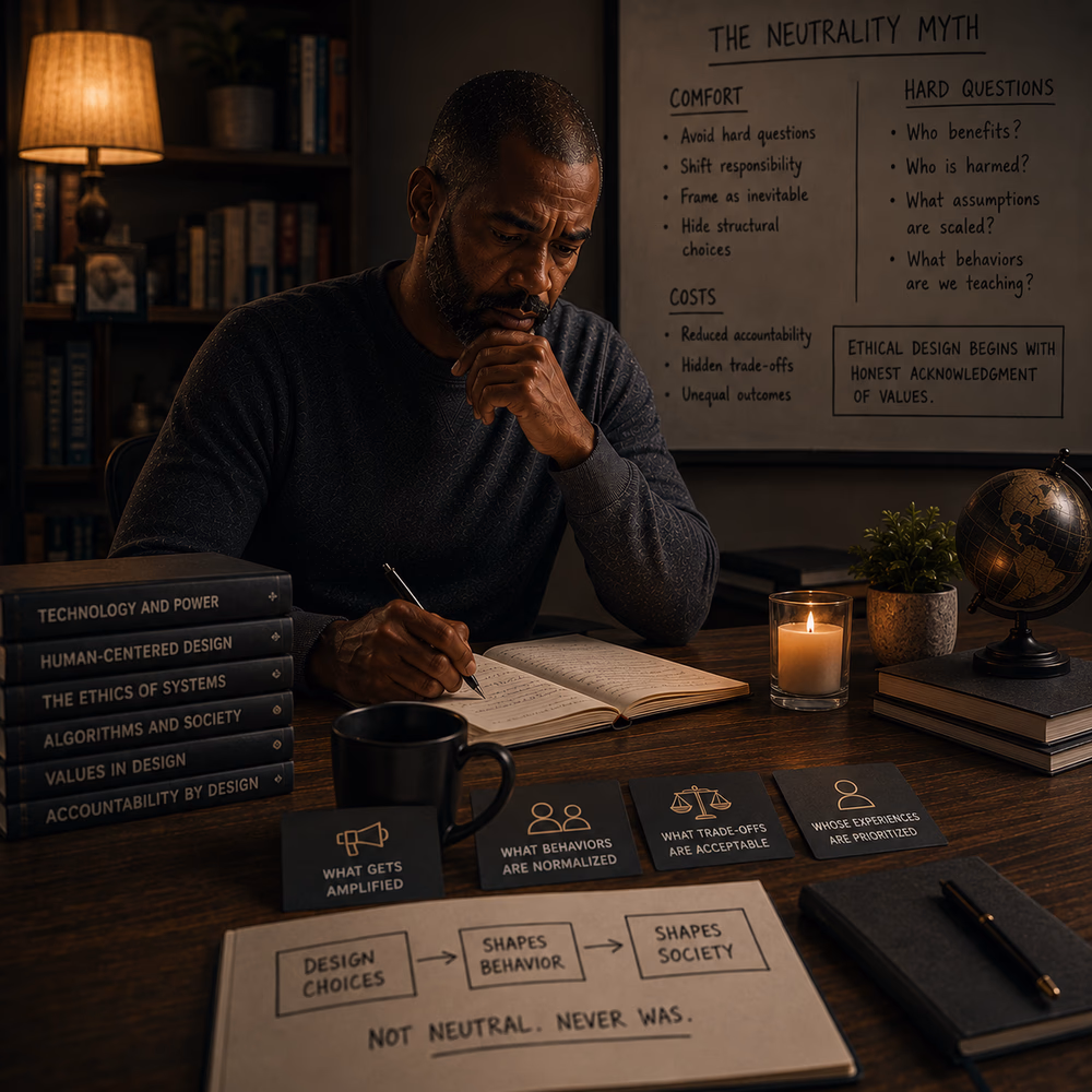 Black thinker reflects on ethics and technology by candlelight, questioning neutrality, accountability, and design values.