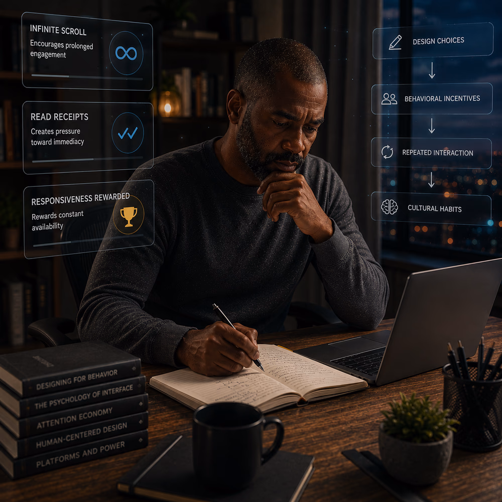 Black technologist studies behavior-shaping interfaces, reflecting on design, incentives, and digital habits.