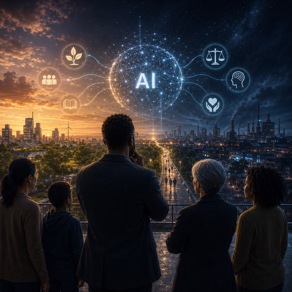 Diverse group overlooks split future cityscape, reflecting on who shapes AI values, power, and humanity’s direction.