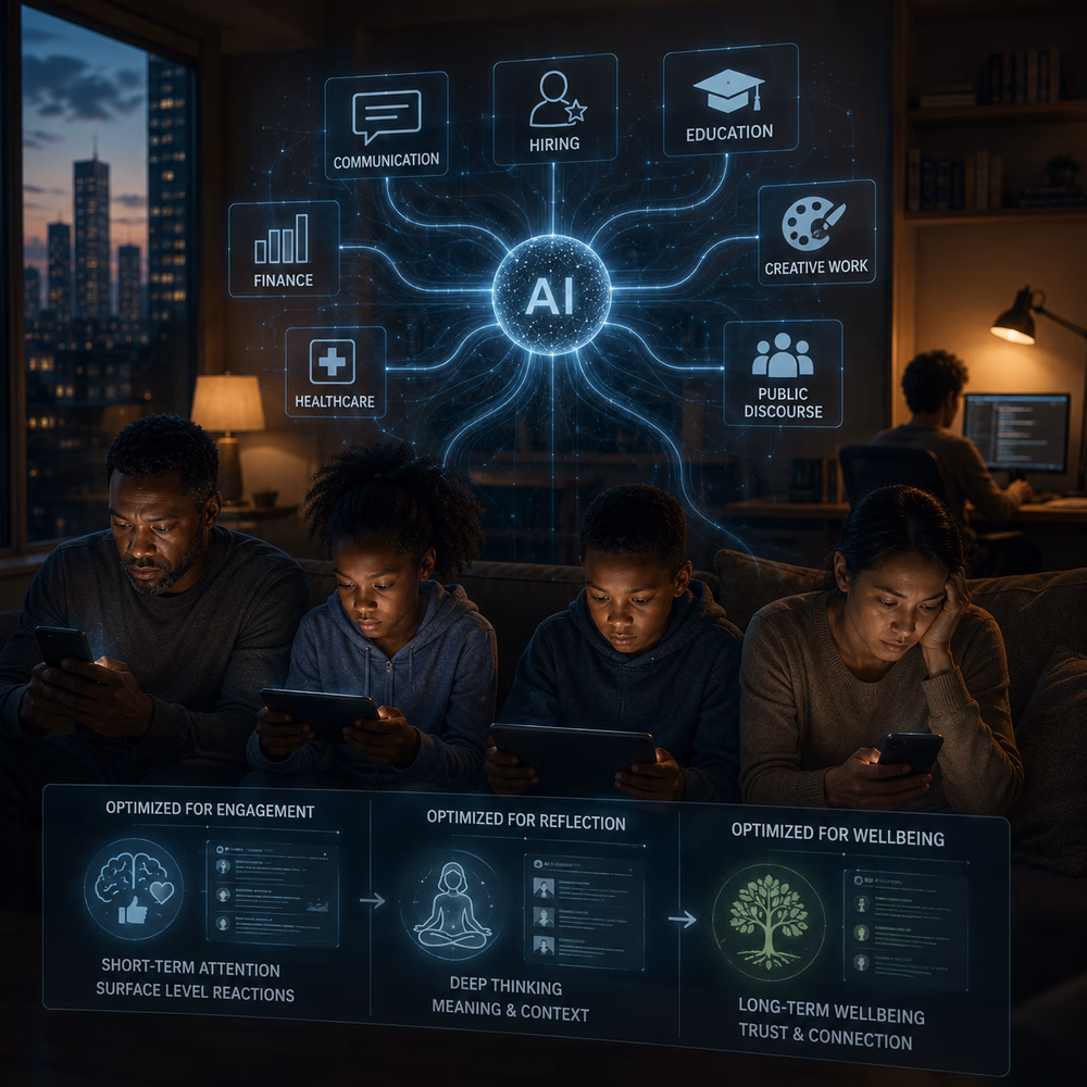 Family surrounded by AI interfaces illustrates how machine priorities shape communication, culture, and social norms.