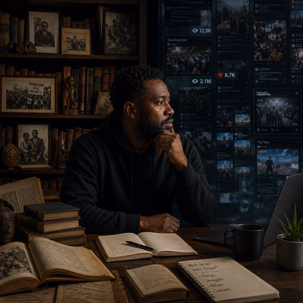 Black writer reflects between historical books and digital feeds, contrasting cultural memory with algorithmic recall.