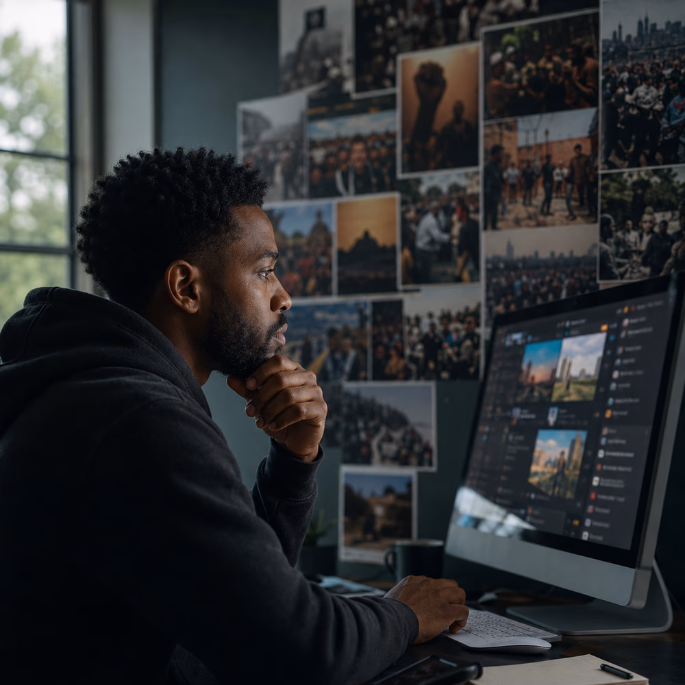 Black digital creator studies movement imagery at his workstation, reflecting on memory, repetition, and enduring belief online.