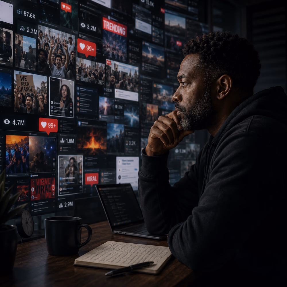 Black creator studies overwhelming viral feeds and social metrics, reflecting on attention cycles and fragile online memory.