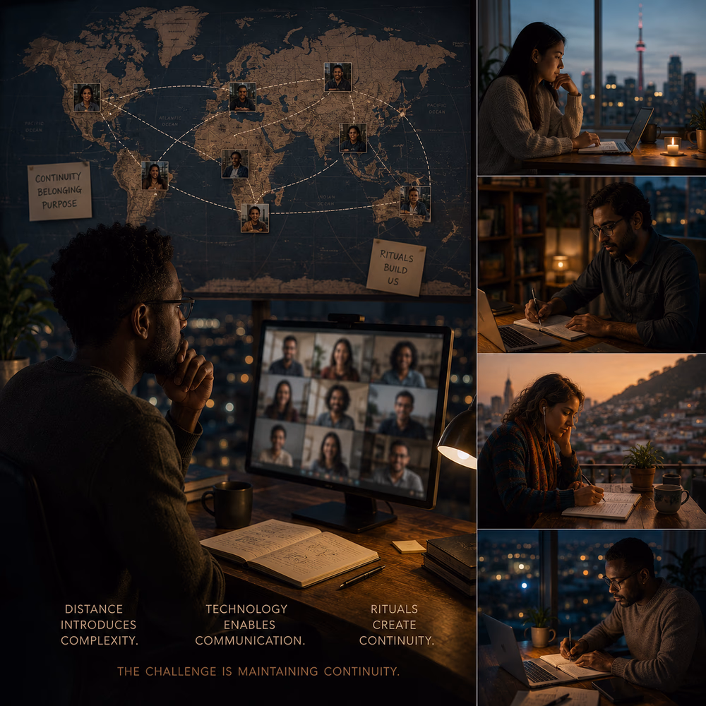 Global community members connect across time zones, using shared rituals and reflection to sustain belonging and continuity.