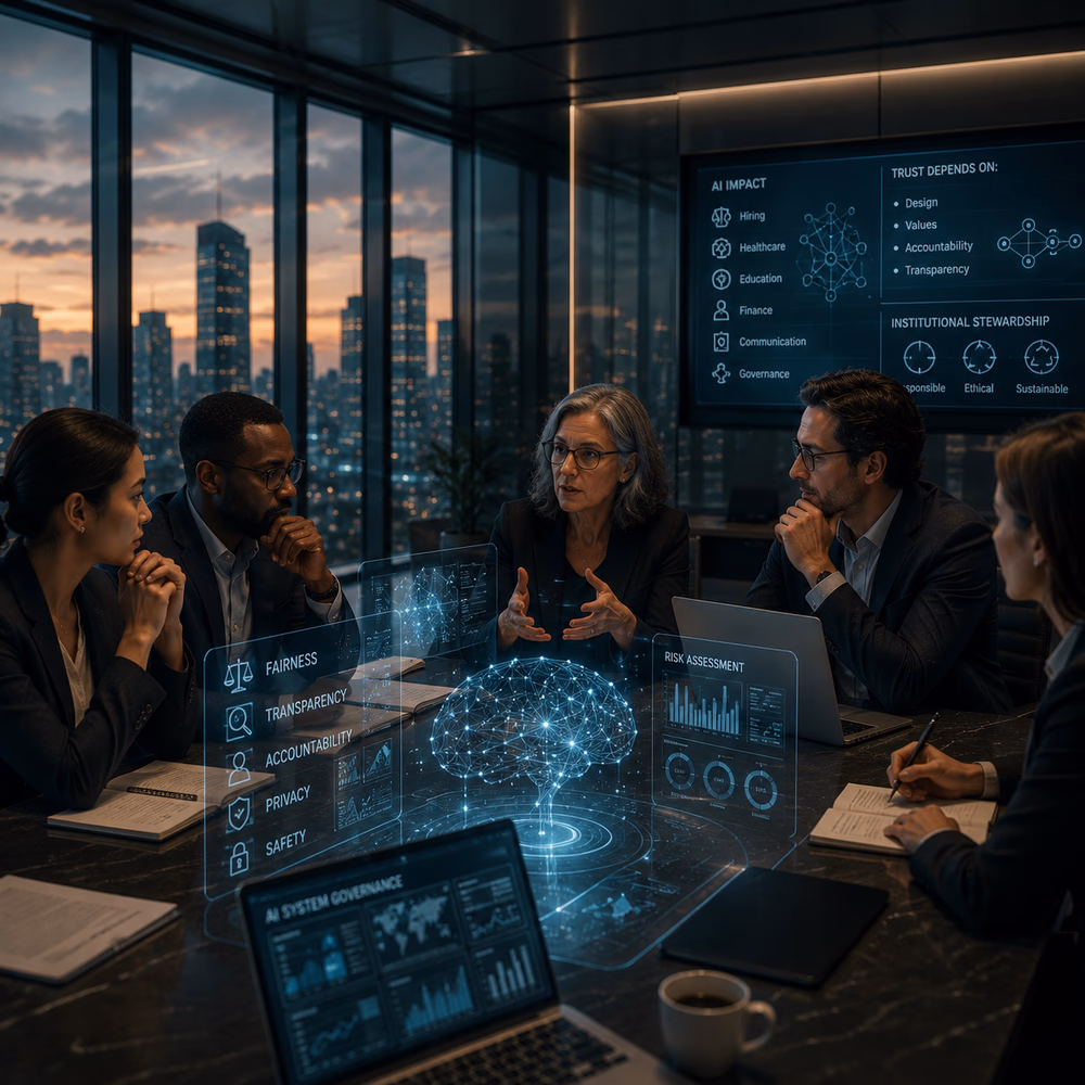Executives oversee AI governance, emphasizing transparency, accountability, and institutional trust in responsible technology.