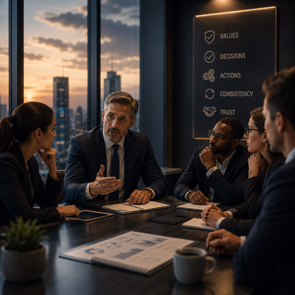 Executive leads a thoughtful strategy meeting, demonstrating how consistent leadership builds trust, credibility, and lasting influence.