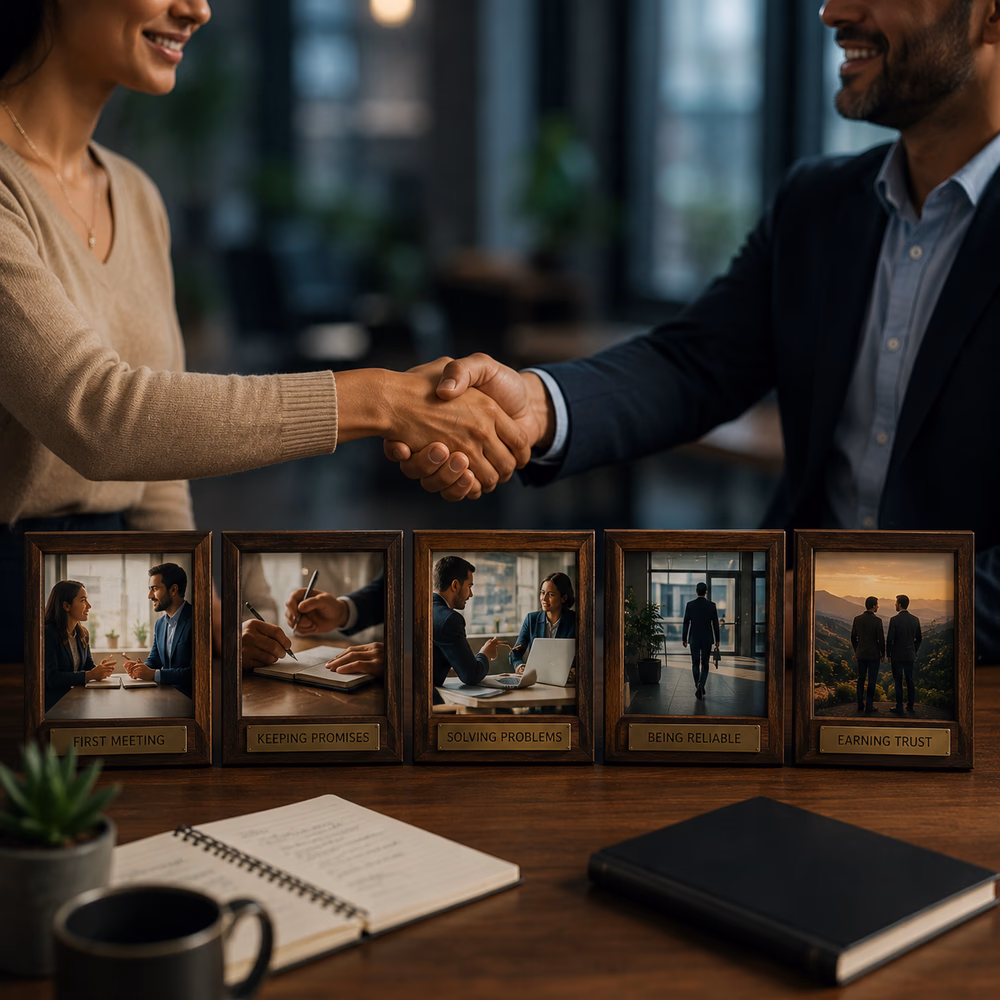 Professionals build trust through consistent collaboration, showing how reliable actions strengthen lasting business relationships.