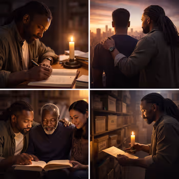 Elder mentoring younger generation while documenting knowledge symbolizing continuity and digital wisdom.