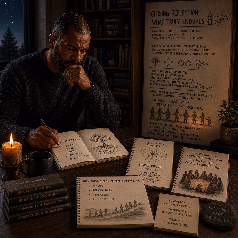 Thoughtful Black strategist reflects by candlelight on memory, trust, and how movements endure through community and care.