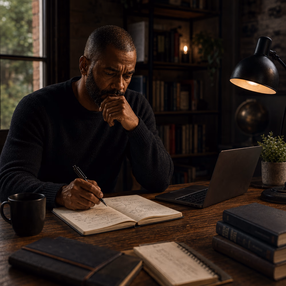 Thoughtful Black strategist reflects in a quiet study, exploring trust, memory, and movements beyond growth logic.