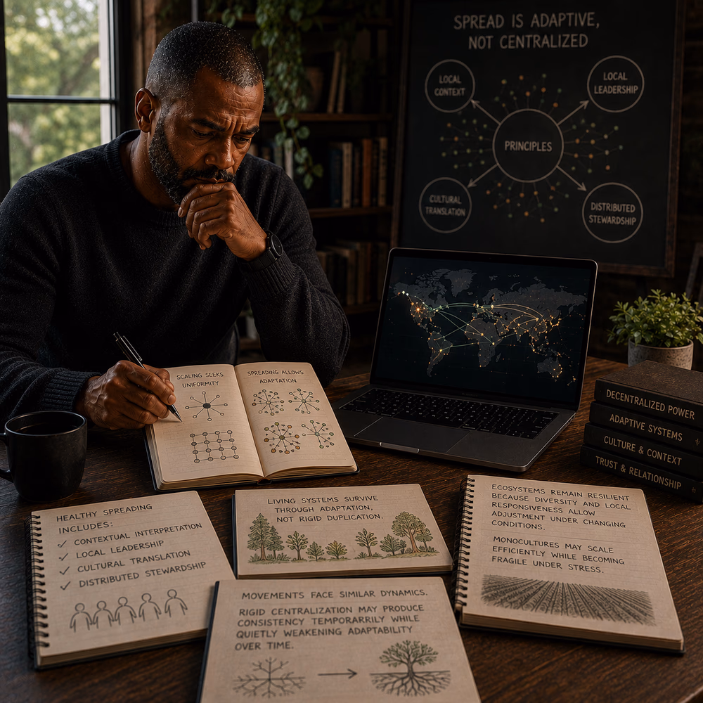 Thoughtful Black strategist reflects on adaptive movements, exploring decentralization, resilience, and cultural spread.