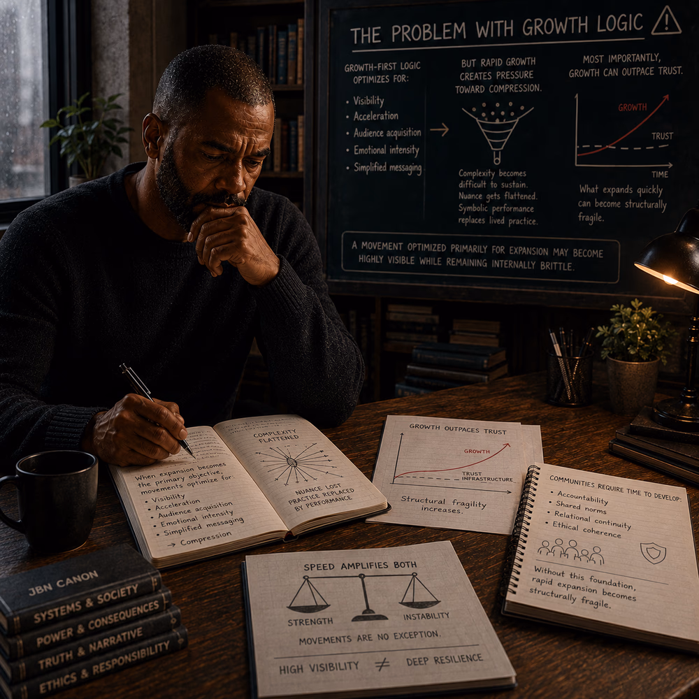 Thoughtful Black strategist reflects on growth-driven movements, exploring trust, fragility, and ethical coherence.