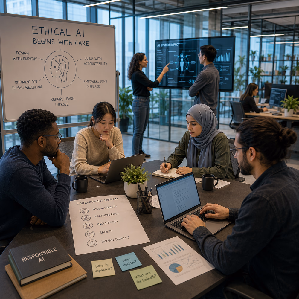 Diverse team designs ethical AI with accountability, transparency, and human-centered care in a collaborative innovation workspace.