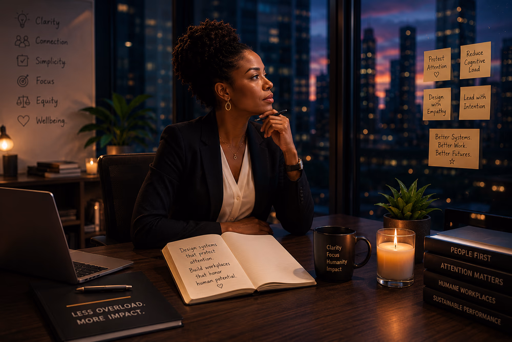 Black executive reflects in a quiet office at dusk, emphasizing humane leadership, focused attention, and ethical workplace design.