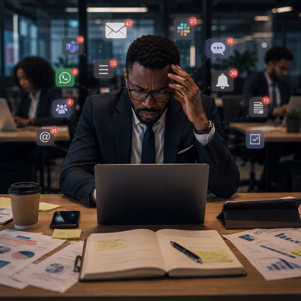 Black executive faces constant digital interruptions as messages, alerts, and platforms fragment attention and reduce focus.