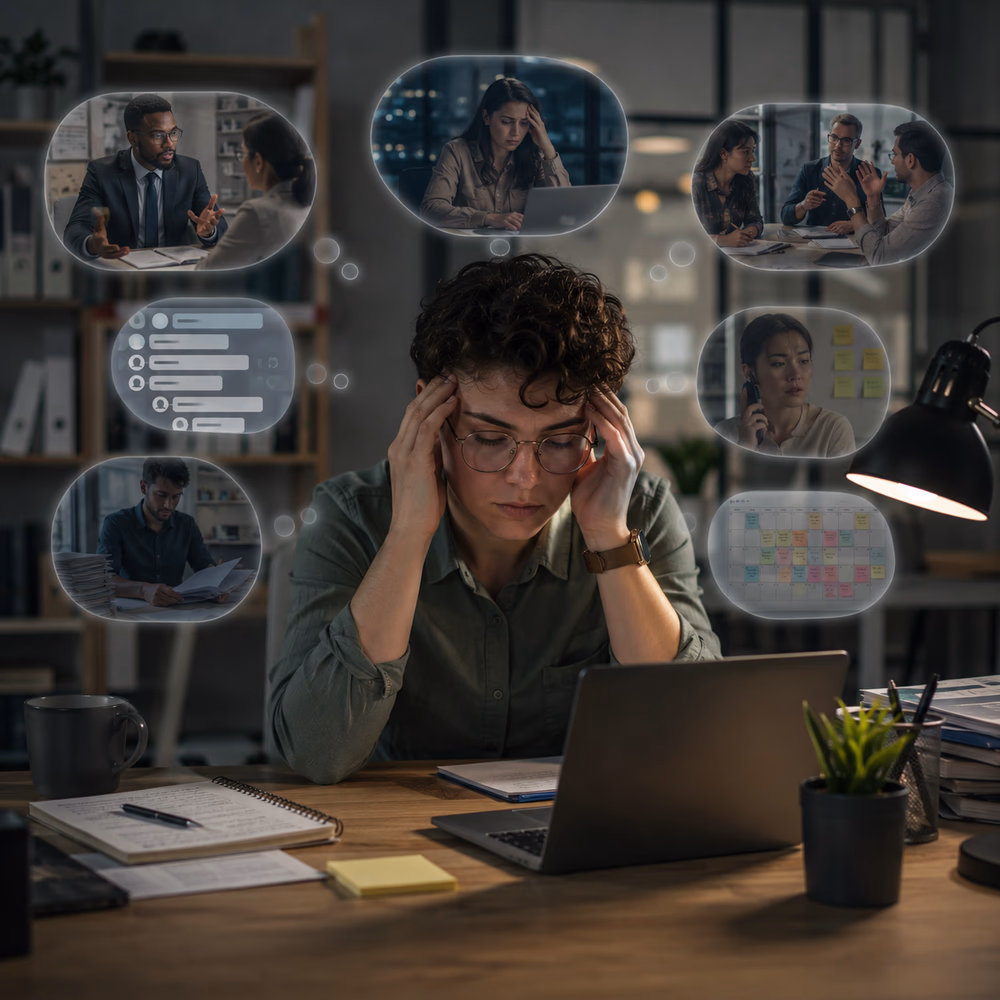 Knowledge worker manages invisible emotional labor and cognitive load, illustrating the gradual path to burnout.