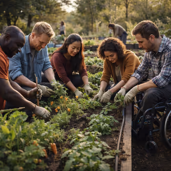 People collaborating in a shared garden, symbolizing collective care and system-level responsibility.