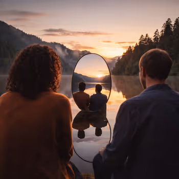 Reflective scene showing people and landscape mirrored at dusk, representing designing systems for reality rather than averages.