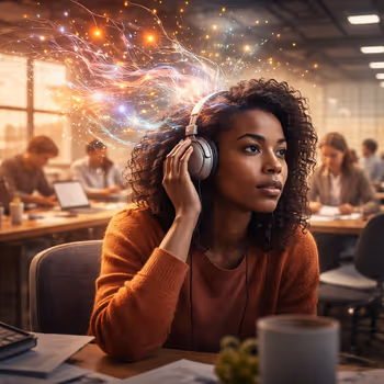 Neurodivergent woman wearing headphones in a noisy open-plan office, illustrating how modern environments overwhelm sensory processing and signal system failure.