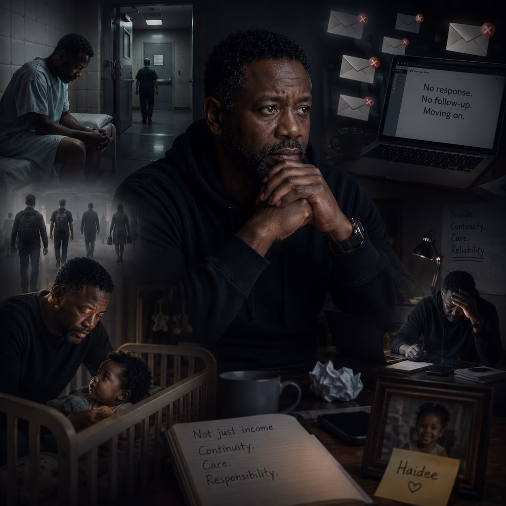 Black freelancer reflects after psychiatric crisis, symbolizing fragile digital trust, silence, and pressure to remain reliable.