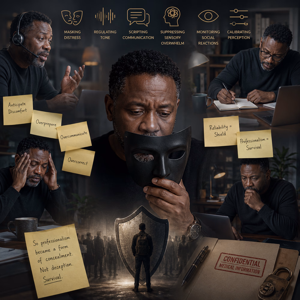 Black gig worker holds mask at desk, symbolizing hidden emotional labor, stigma, and survival through professionalism.