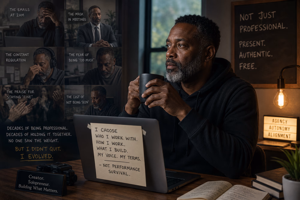 Middle-aged Black solopreneur reflects quietly at his desk, carrying hidden emotional strain behind polished professionalism.