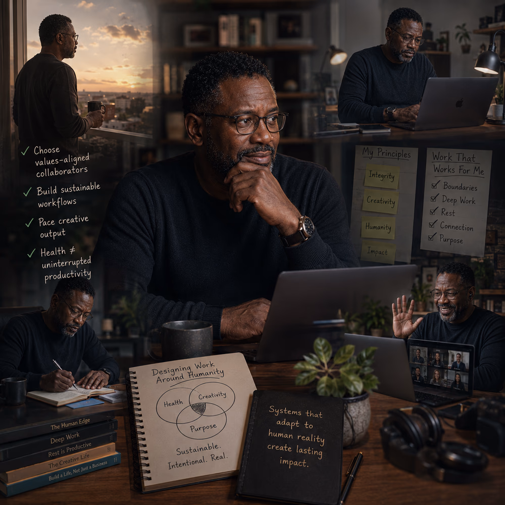 Black solopreneur works calmly from home office, symbolizing reclaimed agency, sustainable work, and mental well-being.
