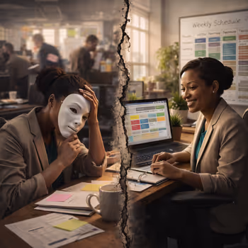 A split-scene office image contrasting between masking-based inclusion and systems designed for real human cognitive variance.