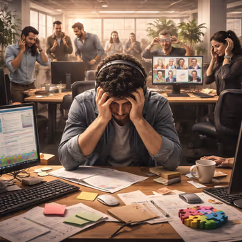 Open-plan office optimized for constant interruption, illustrating cognitive strain in non-ND-aware organizational design.