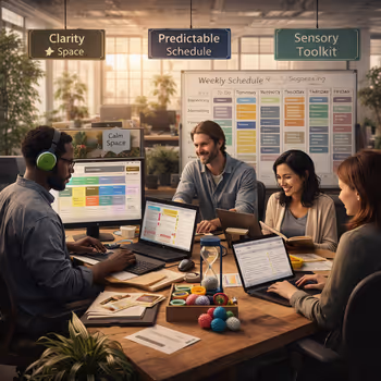 Work environment designed for cognitive variation with clarity, predictability, and reduced sensory overload.