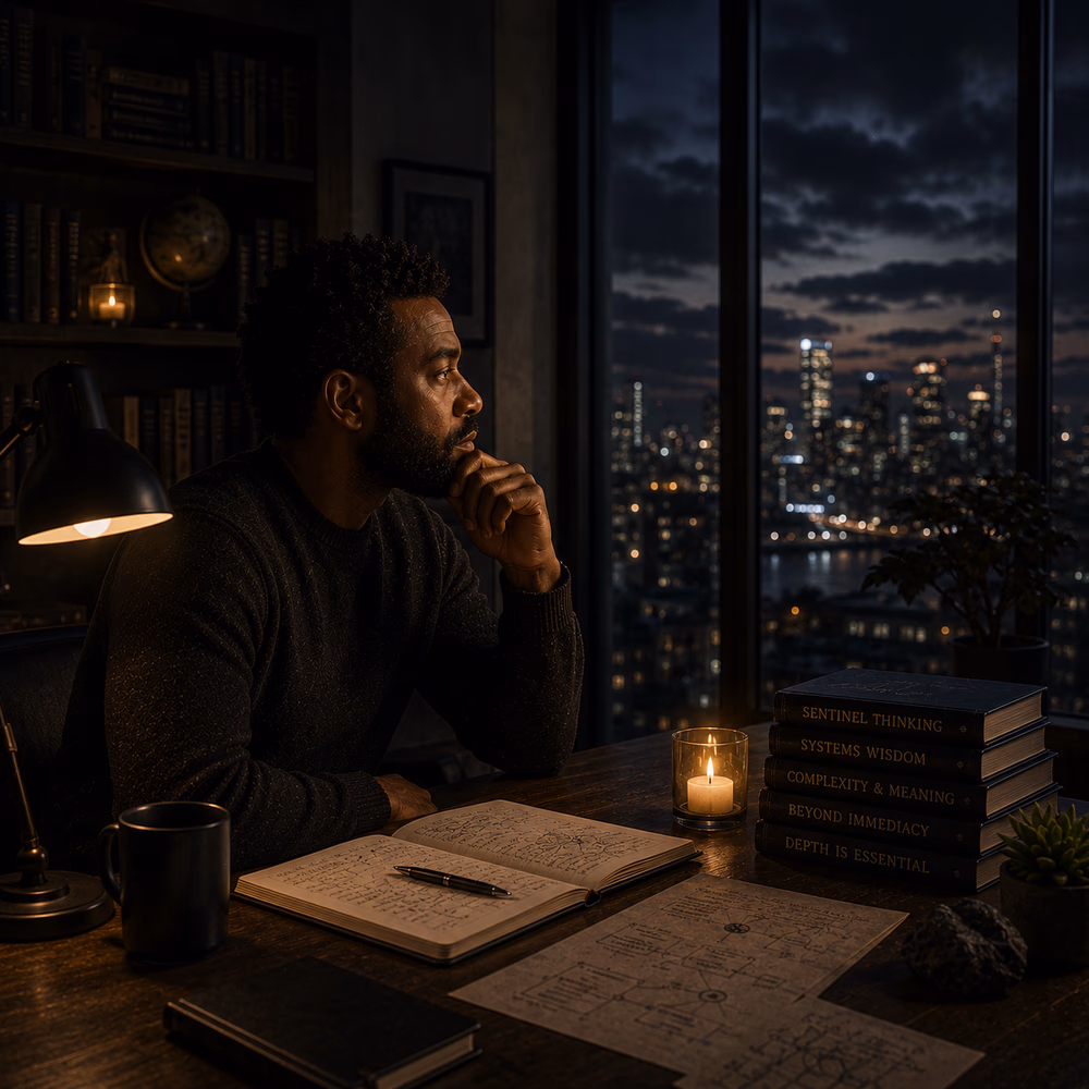 Reflective Black thinker gazes over a city at night, contemplating depth, wisdom, and meaning beyond speed.