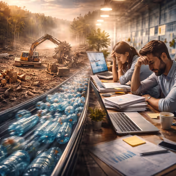 Environmental depletion, industrial speed, and human burnout illustrating extractive strategy.