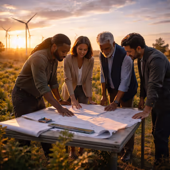 Professionals reviewing plans near wind turbines at sunrise symbolizing long-term regenerative leadership.