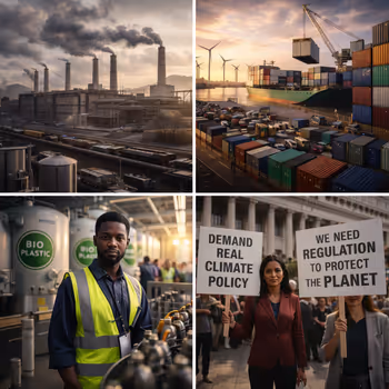 Industrial and clean-energy contrast showing shift from emissions-heavy operations to regenerative infrastructure.