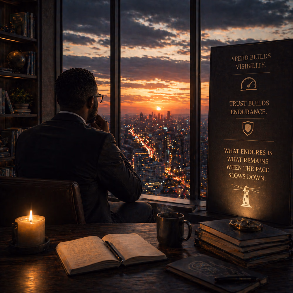Black professional watches sunset over city from office, reflecting on trust, endurance, and what remains after rapid growth slows.