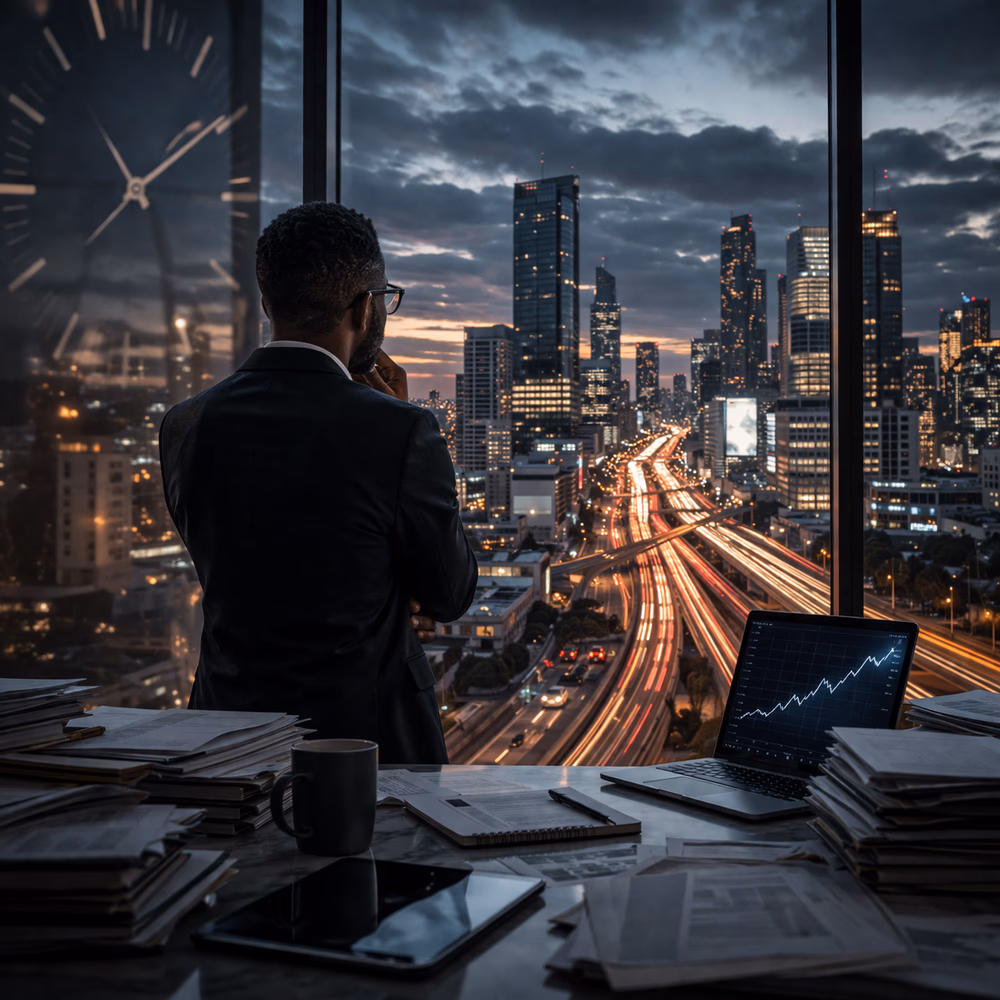 Black executive overlooks fast-moving city traffic at dusk, reflecting on rapid growth and the hidden erosion of trust and stability.
