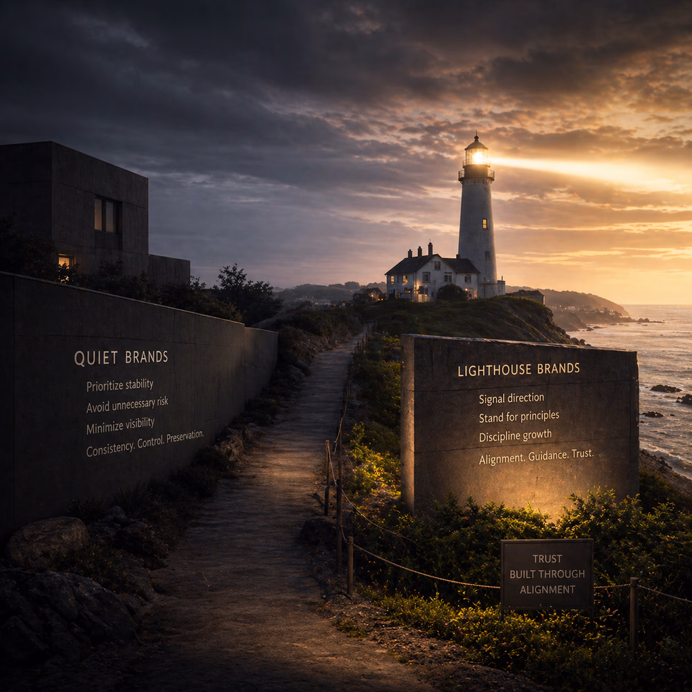 Coastal path splits between shadowed building and lit lighthouse at dusk, contrasting cautious stability with principle-led, trust-building brands.