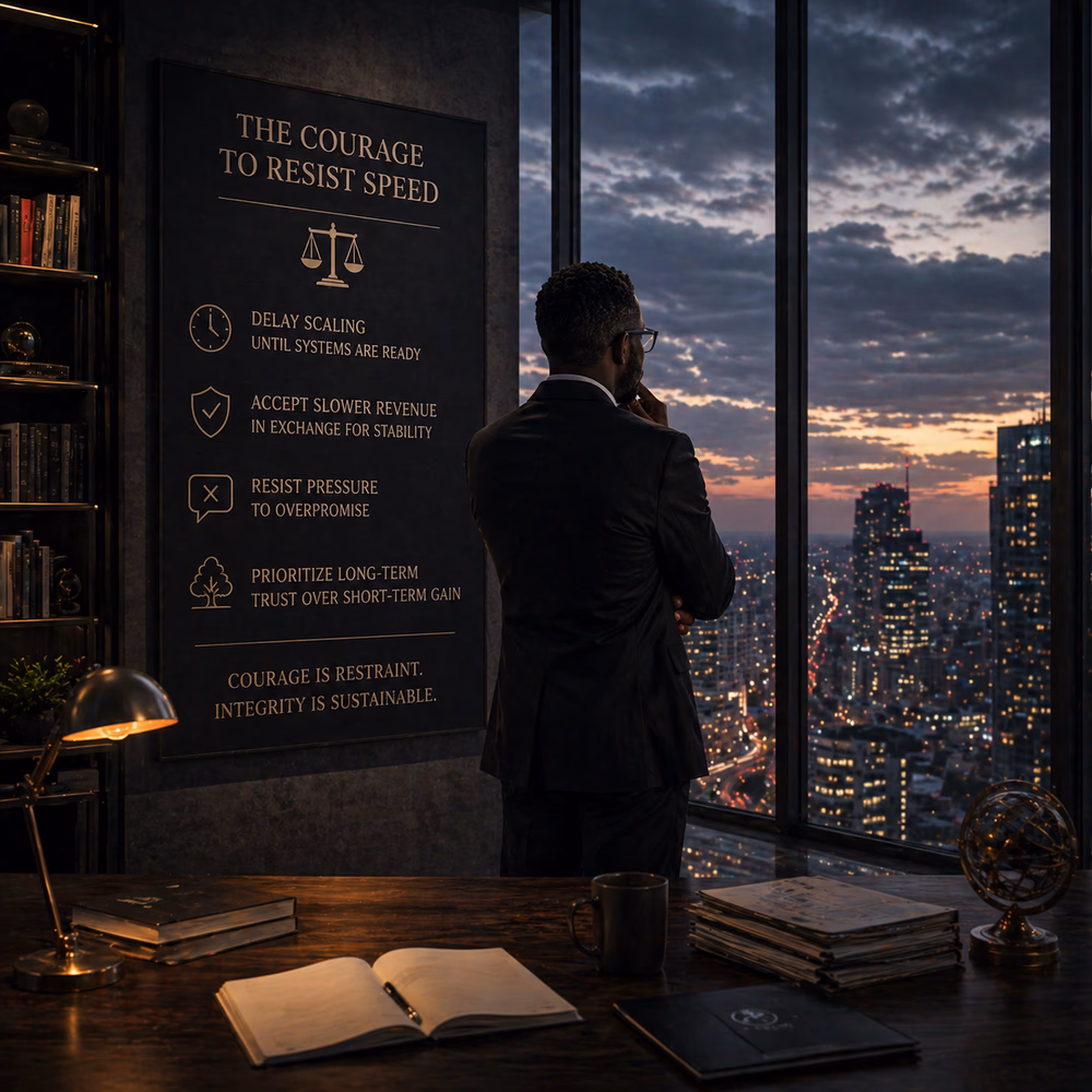 Black executive overlooks city at dusk beside principles board, reflecting on restraint, integrity, and resisting speed-driven growth.