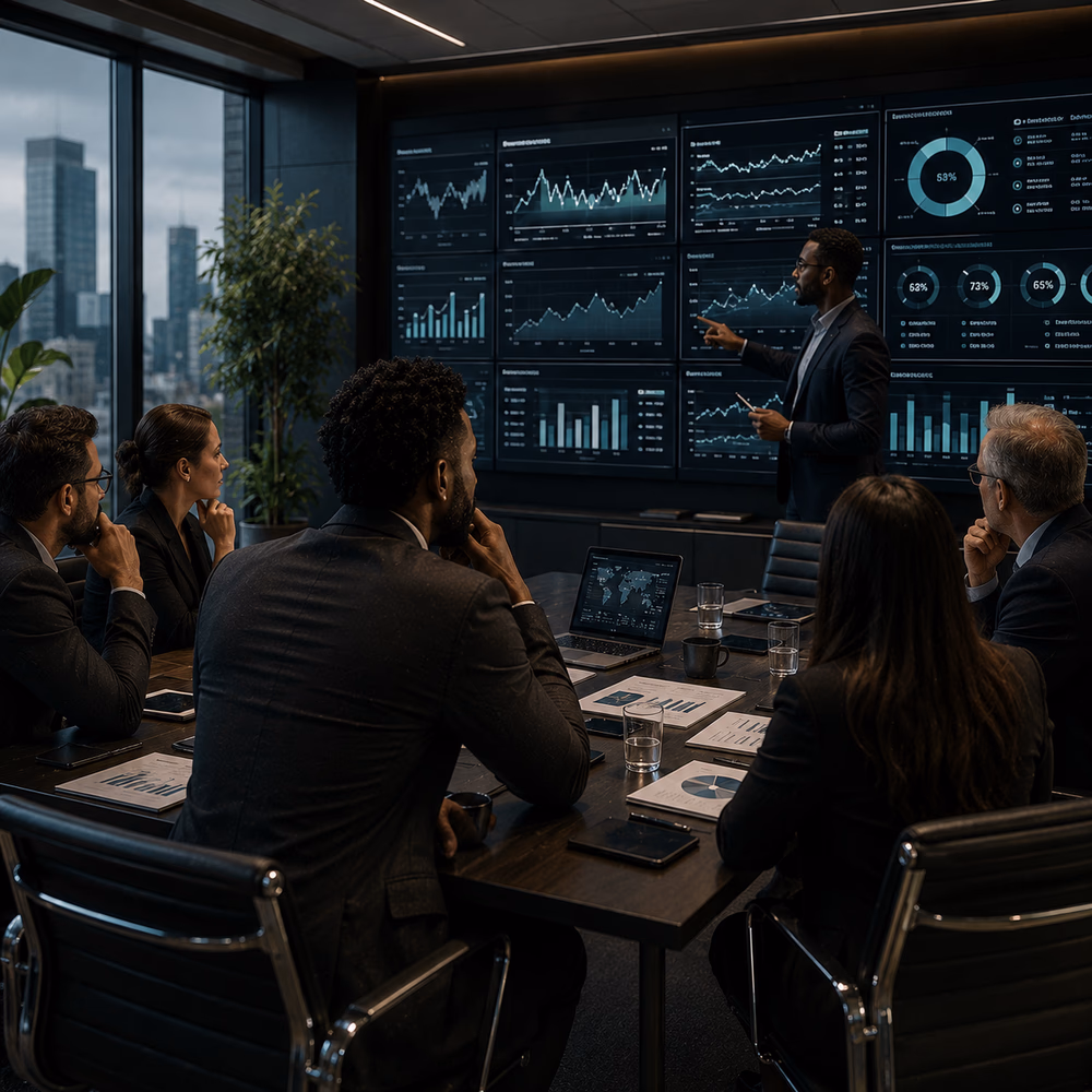 Executives study performance dashboards in a modern boardroom, reflecting on metrics, optimization, and scale.