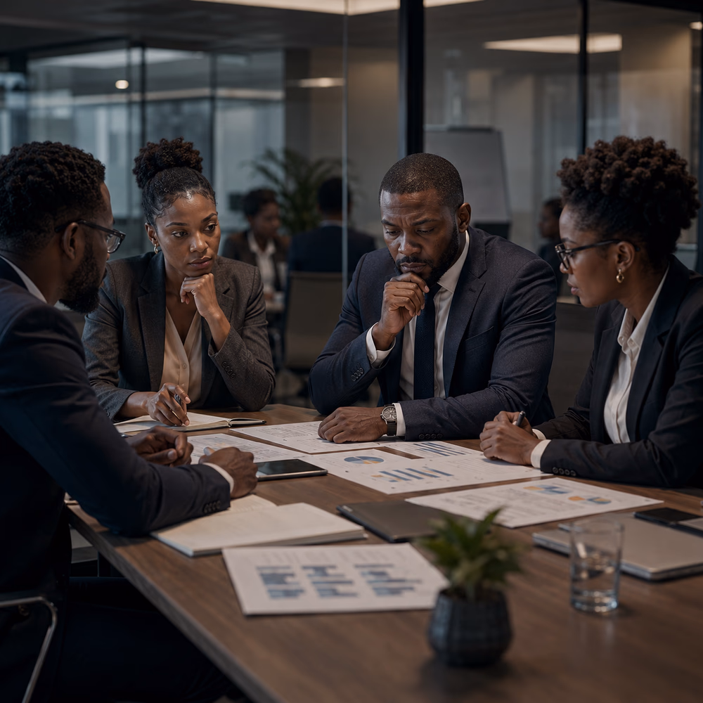 Black business executives review performance reports in a boardroom, balancing strategic decisions, ethics, and accountability.