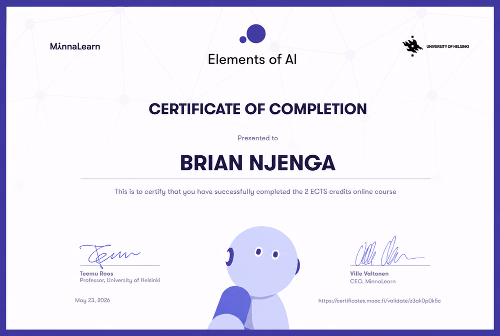 University of Helsinki Element of AI awarded to Brian Njenga
