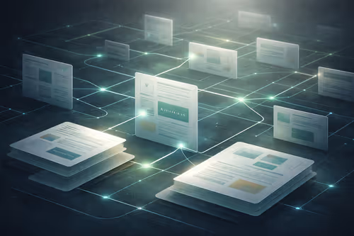 Abstract editorial architecture showing interconnected knowledge systems, taxonomy, and internal linking structures