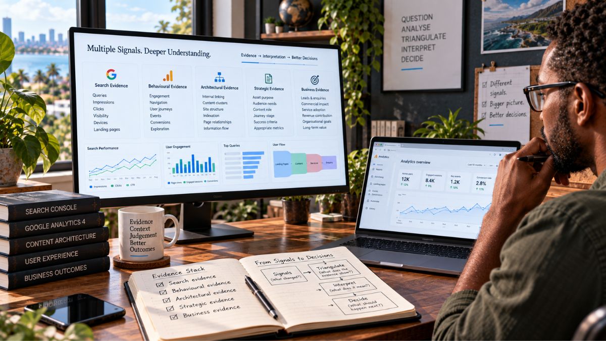 Content professional analyzing search, behavioral, architectural and strategic evidence across dashboards to inform measured digital content decisions.