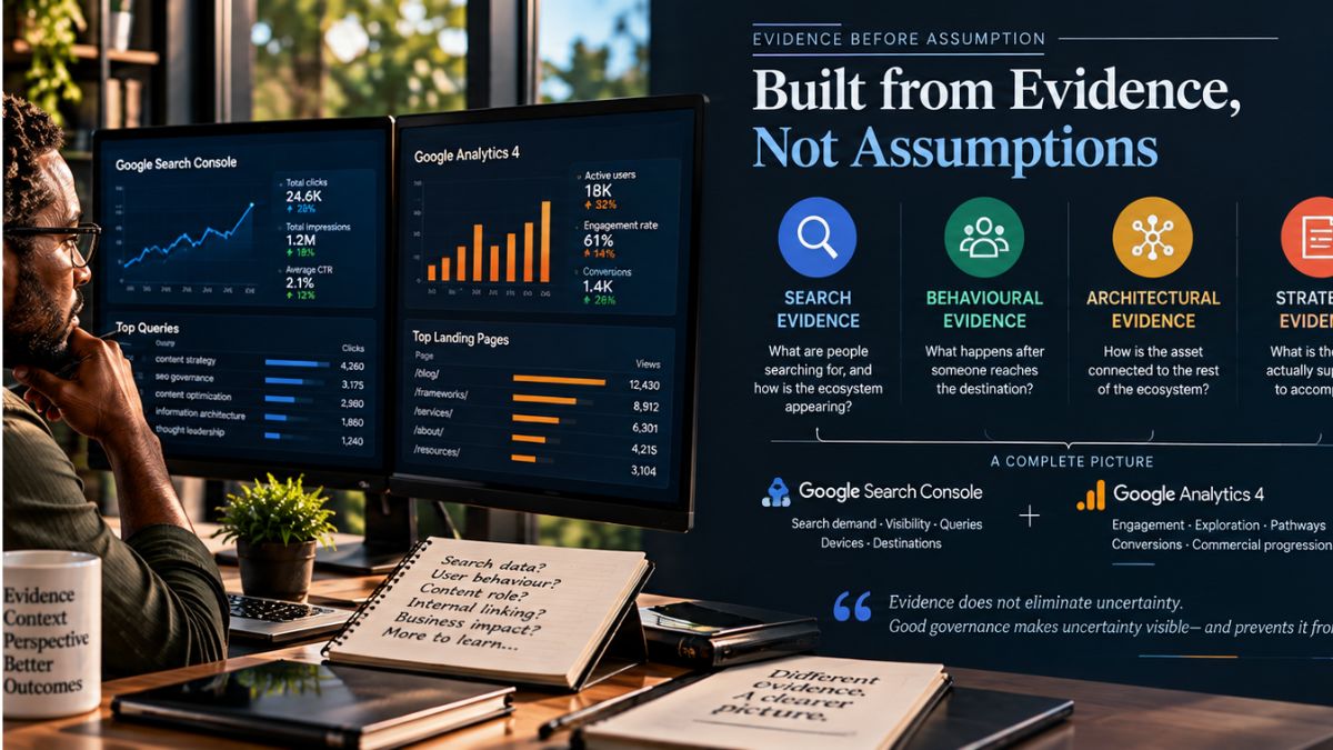Professional reviewing an evidence dashboard connecting search, behavioural, architectural, strategic, and business evidence for content-performance decisions.