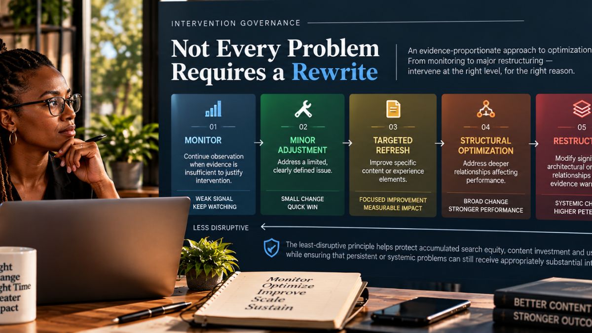 Professional studying an intervention hierarchy from monitoring and minor adjustment through targeted refresh, restructuring, and content retirement.