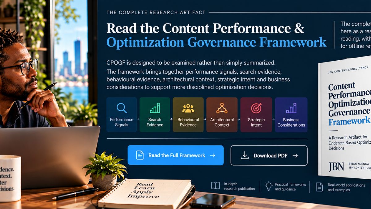 People-centric CPOGF hero banner showing a professional at a laptop beside a content-performance dashboard, lighthouse, governance books, and optimization concepts.