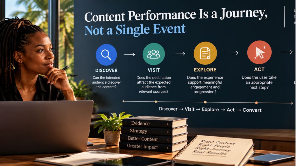 Professional examining a content journey dashboard illustrating Discover, Visit, Explore, Act, and Convert as stages of content performance and progression.