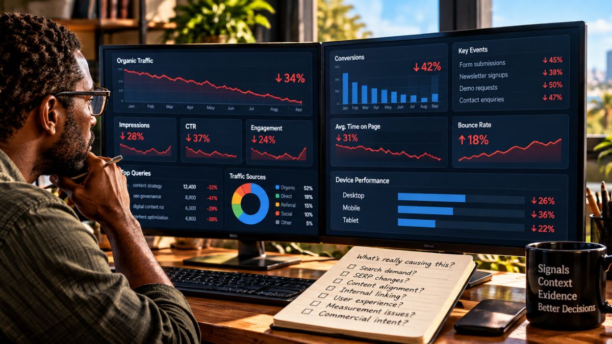 Professional studying content-performance data beside a dashboard illustrating how one metric can reflect different causes across search, content, UX, and strategy.