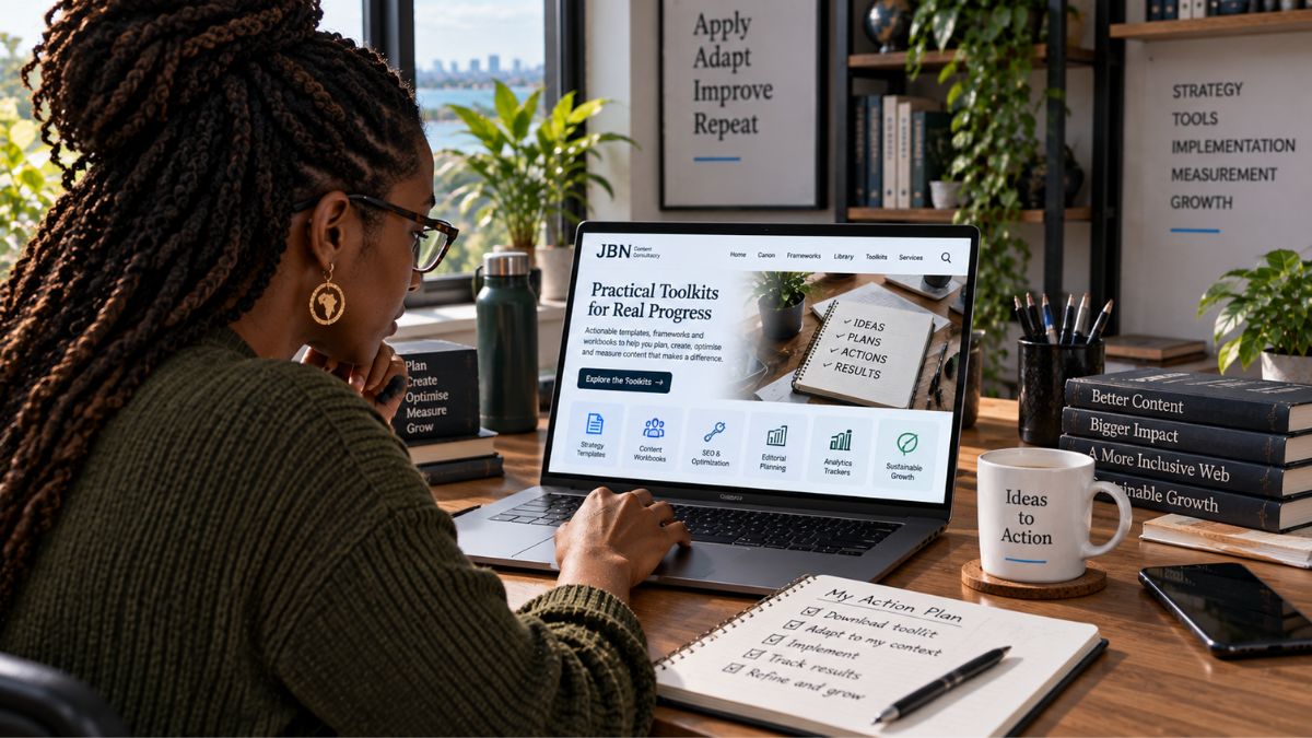 Content professional using JBN practical toolkits on a laptop while reviewing an action plan, translating content strategy and insights into measurable implementation.